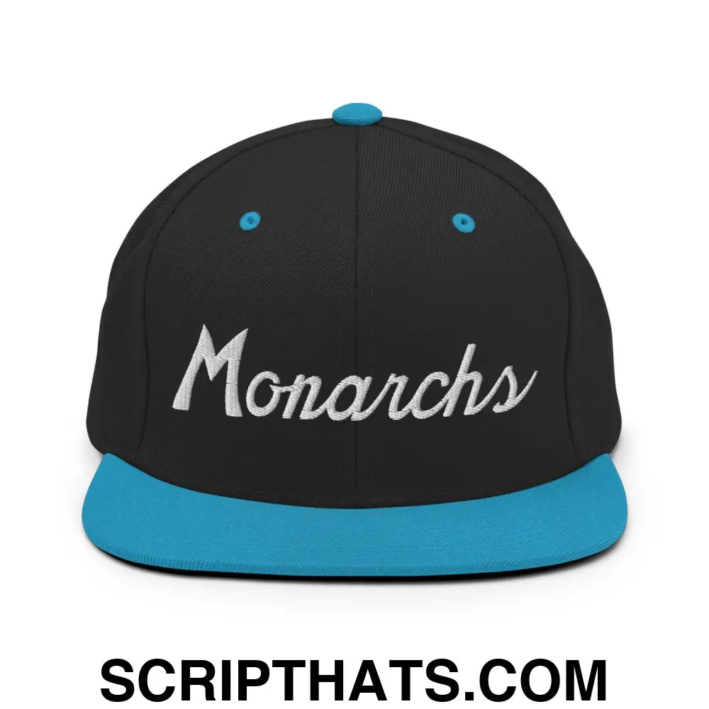 Monarchs School Mascot Script Snapback Hat Black Teal