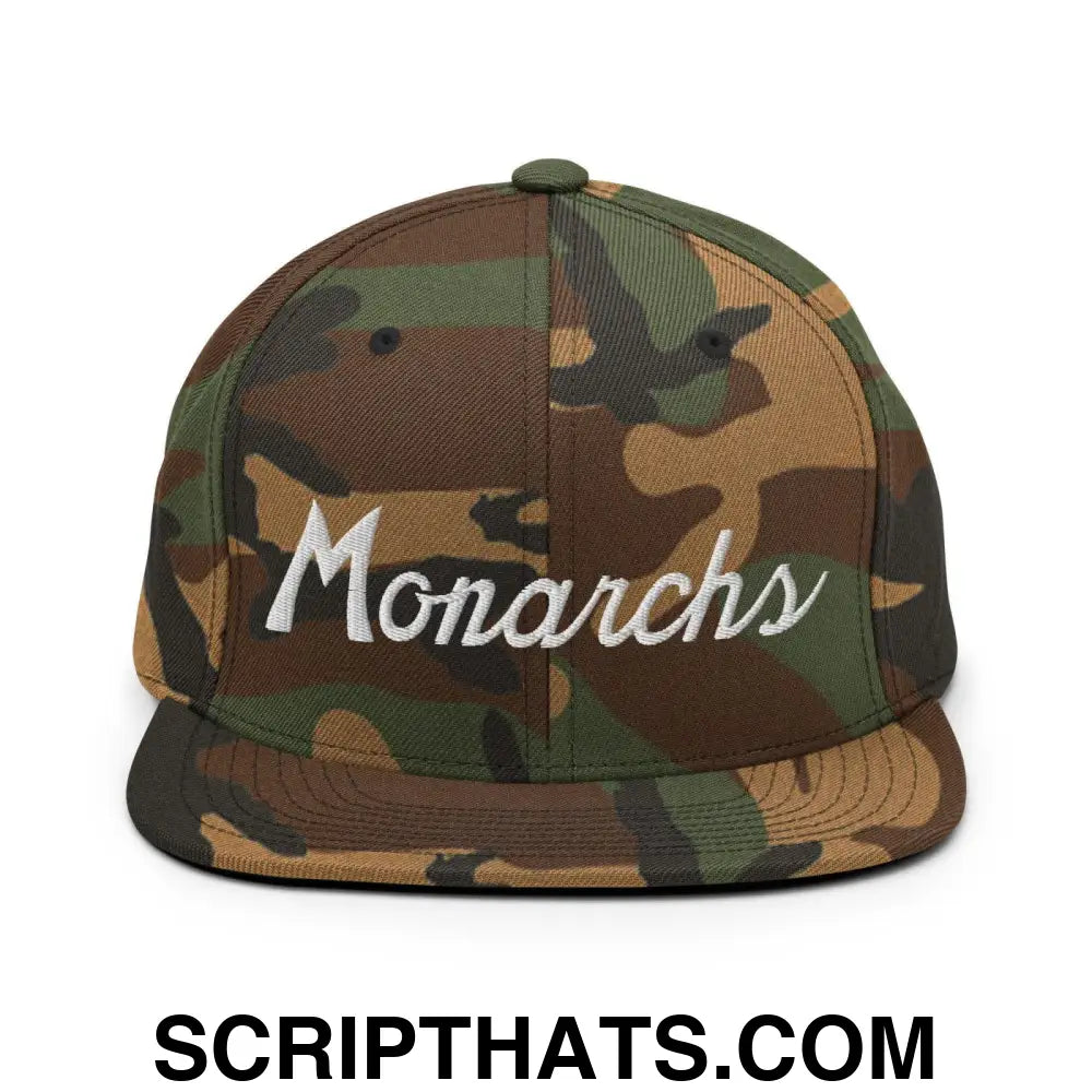 Monarchs School Mascot Script Snapback Hat Green Camo