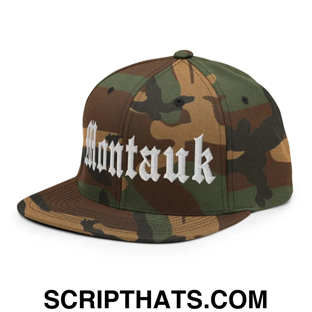 Montauk OG Old English Snapback Hat Green Camo