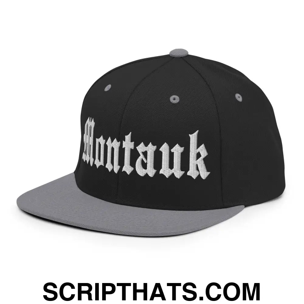 Montauk OG Old English Snapback Hat Black Silver