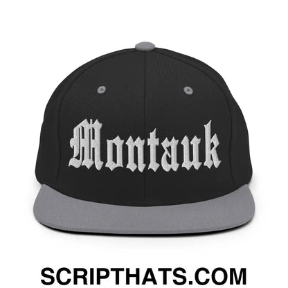 Montauk OG Old English Snapback Hat Black Silver