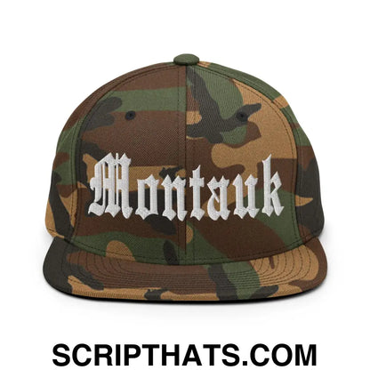 Montauk OG Old English Snapback Hat Green Camo