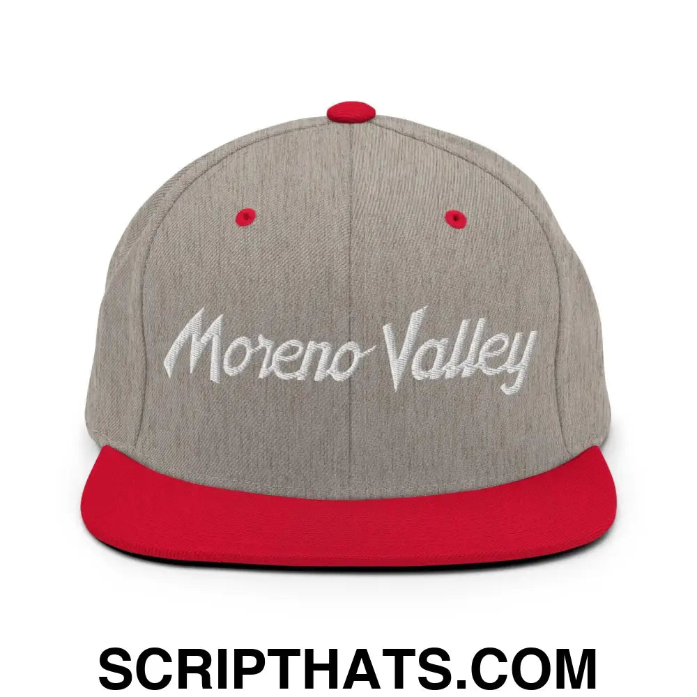 Moreno Valley Script Snapback Hat Heather Grey Red