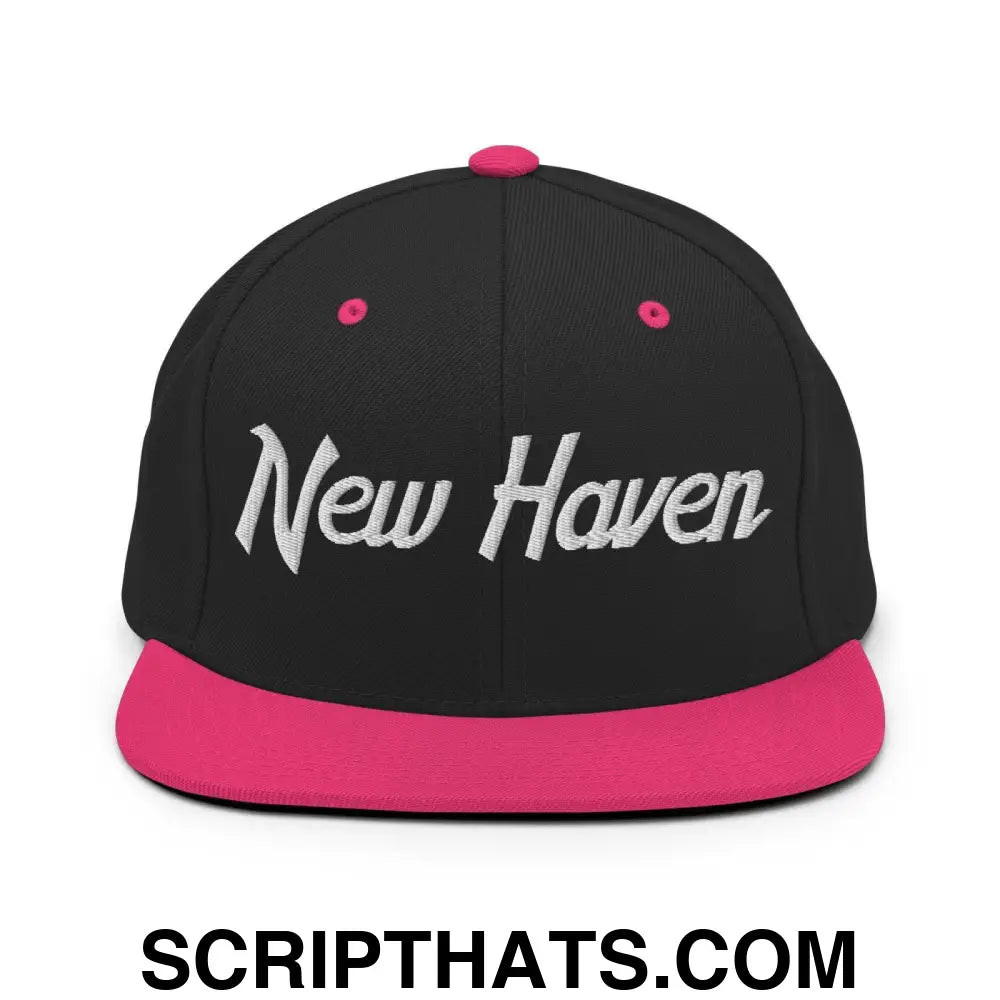 New Haven Script Snapback Hat Black Neon Pink