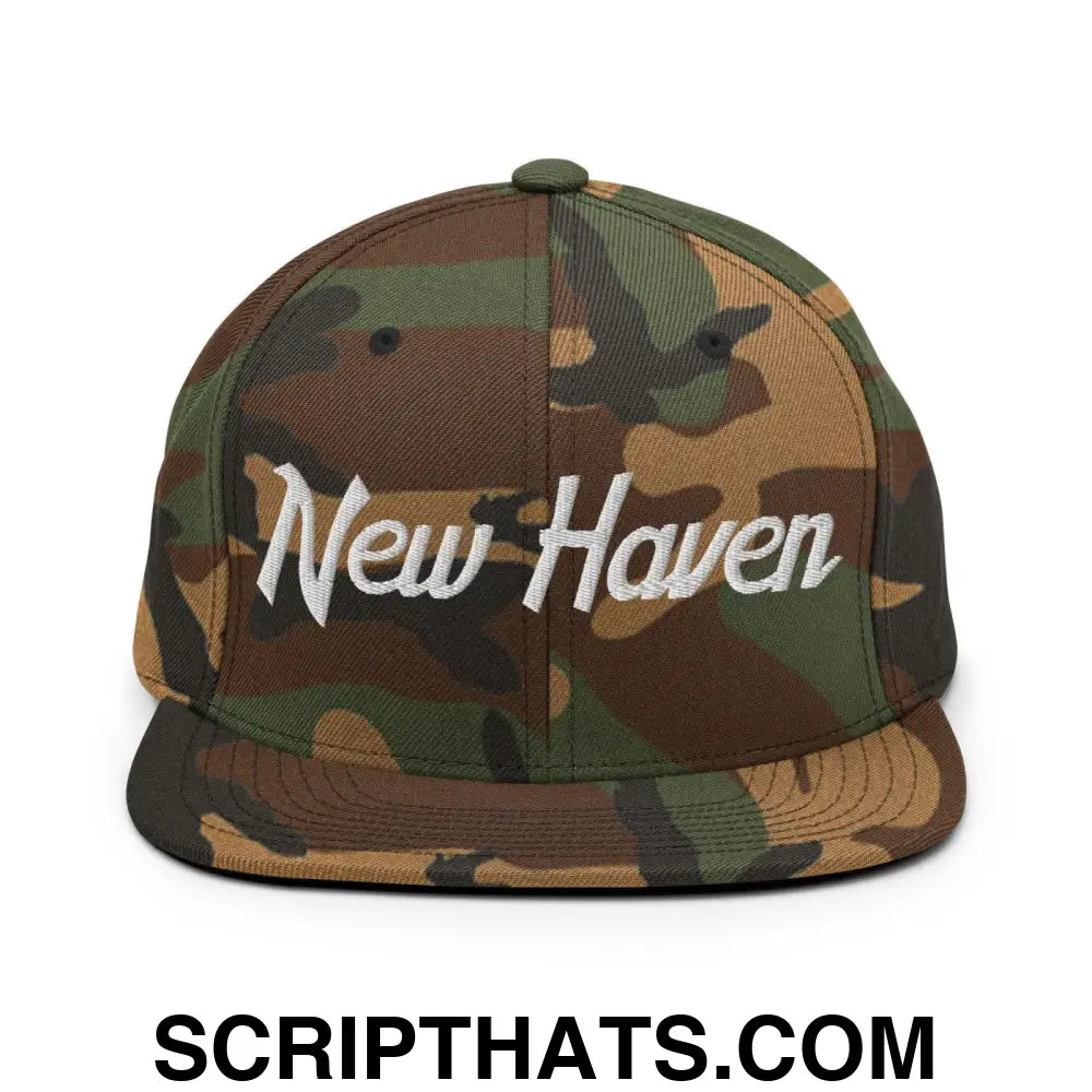 New Haven Script Snapback Hat Green Camo