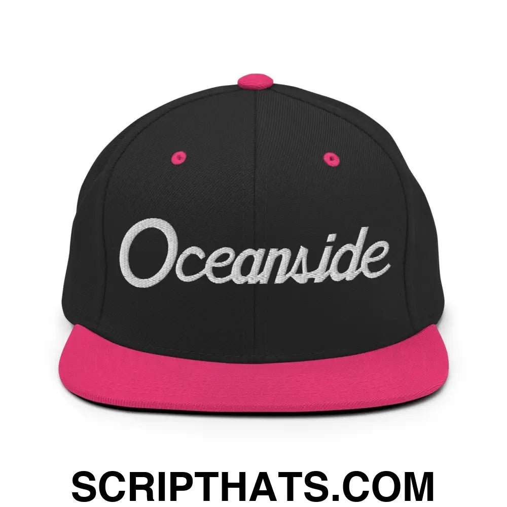 Oceanside Script Snapback Hat Black Neon Pink