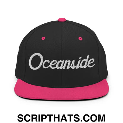 Oceanside Script Snapback Hat Black Neon Pink