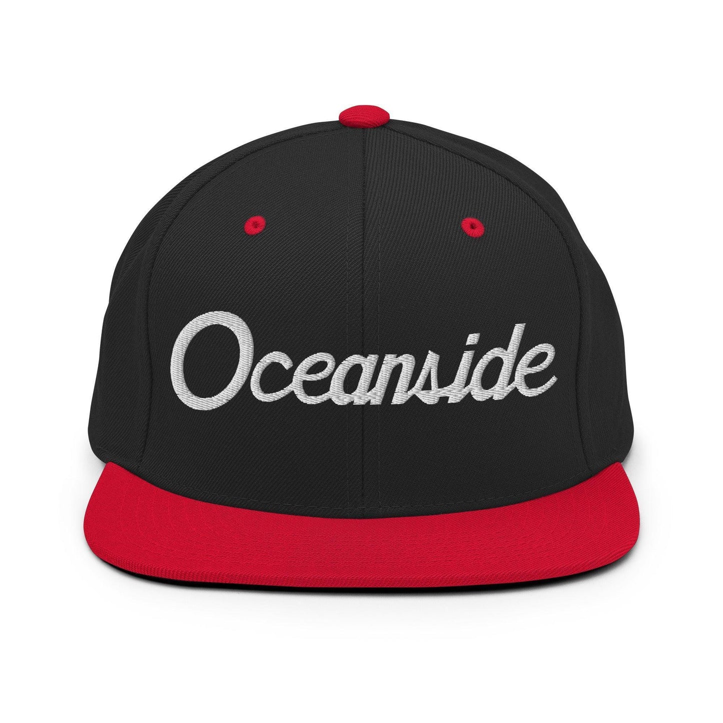 Oceanside Script Snapback Hat Black Red