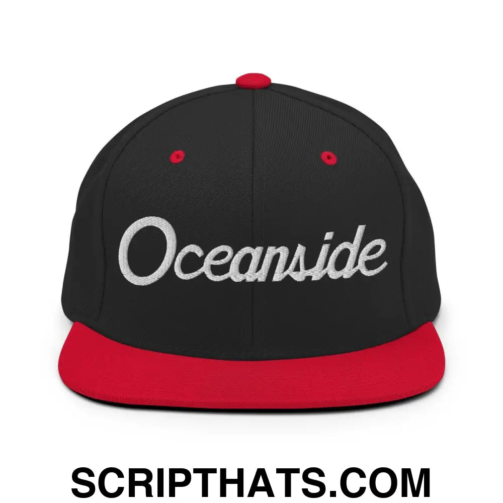 Oceanside Script Snapback Hat Black Red