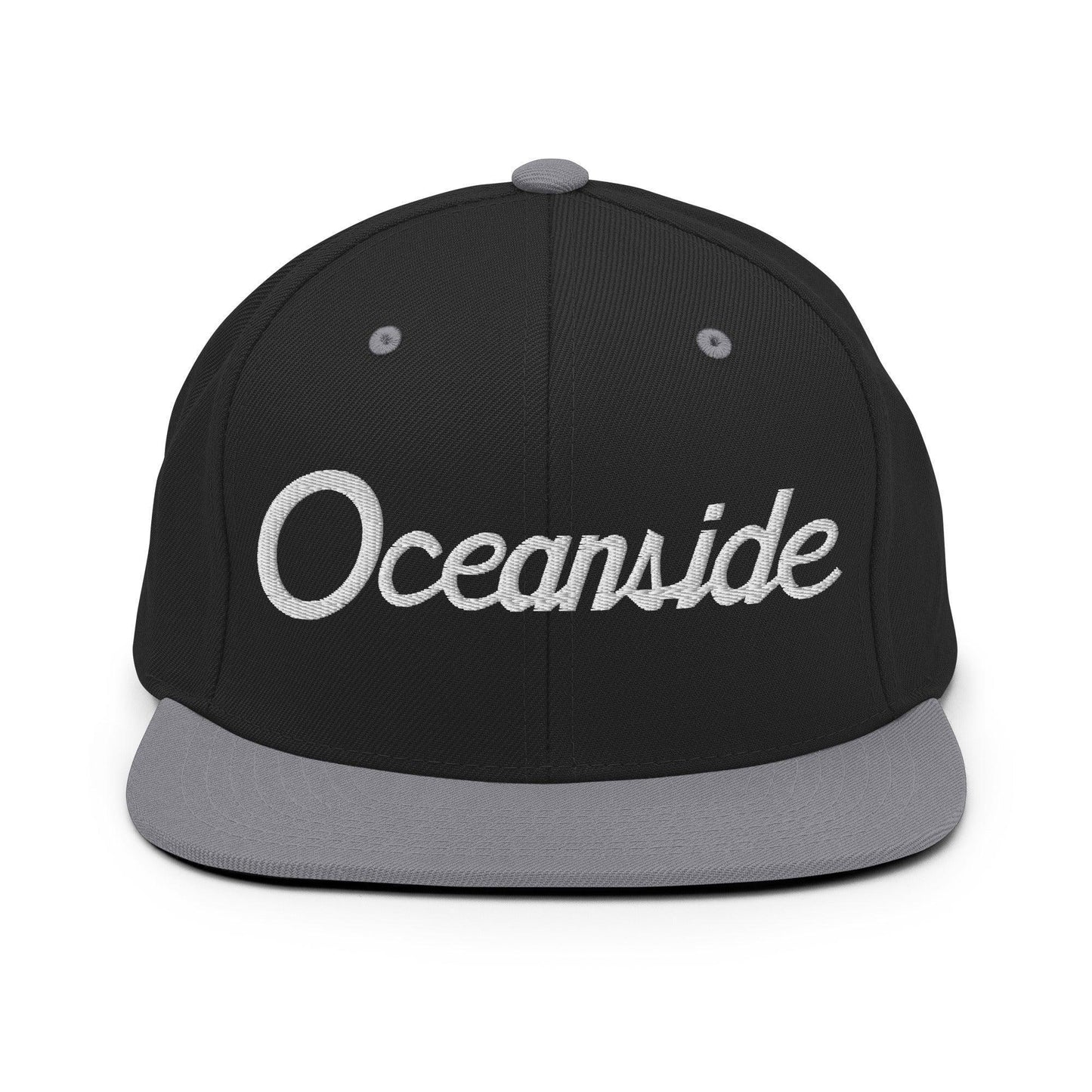 Oceanside Script Snapback Hat Black Silver