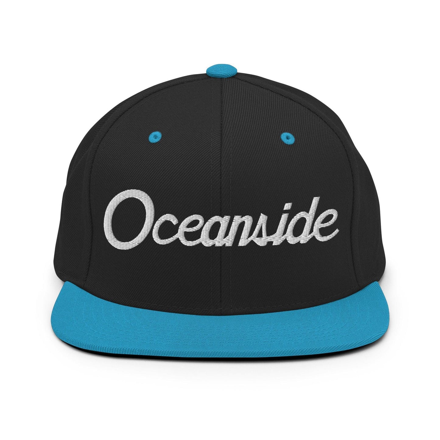 Oceanside Script Snapback Hat Black Teal