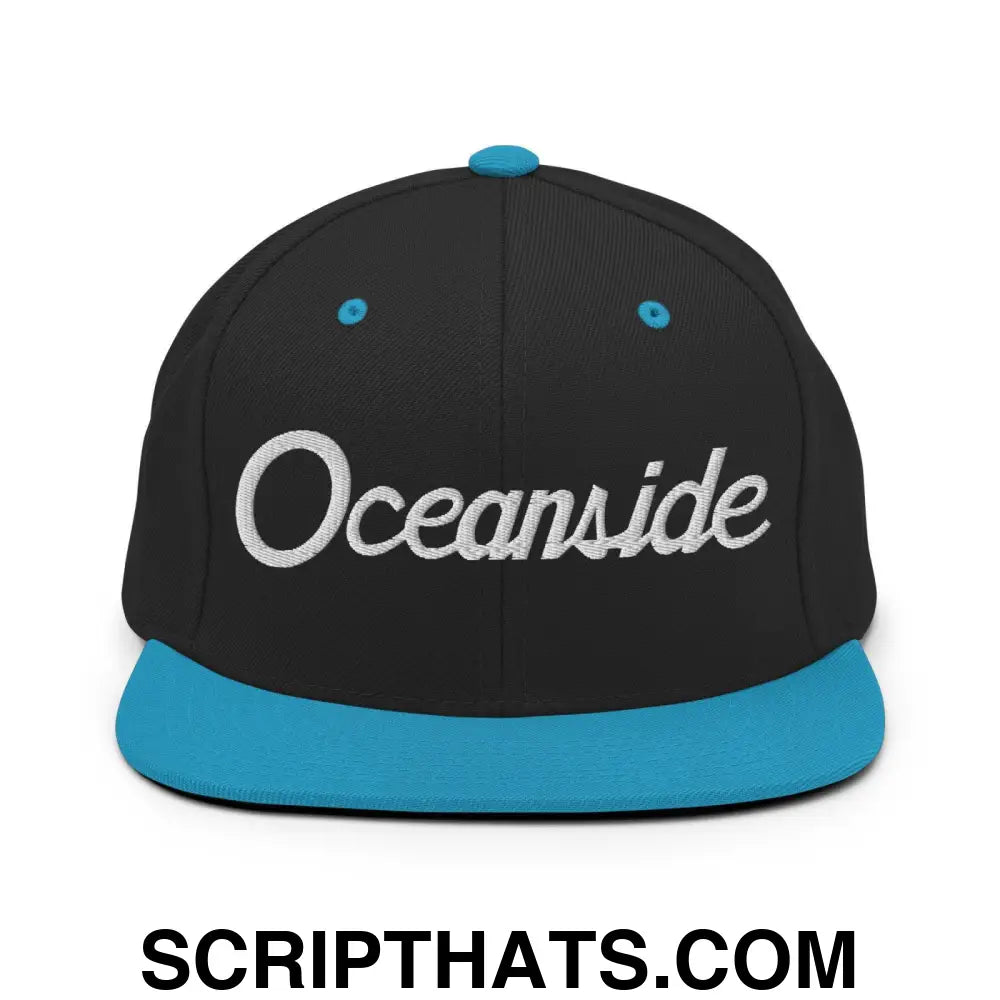 Oceanside Script Snapback Hat Black Teal