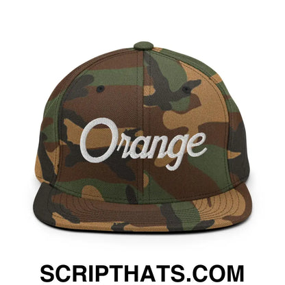 Orange Script Snapback Hat Green Camo