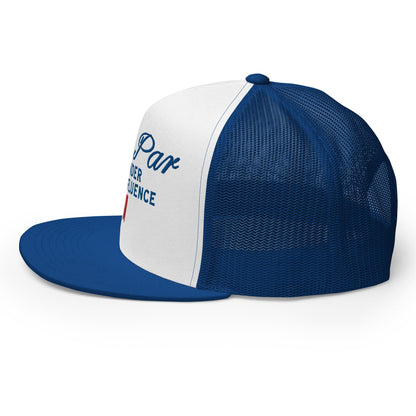 Over Par and Under the Influence Flat Bill Brim Trucker Hat Royal White Royal