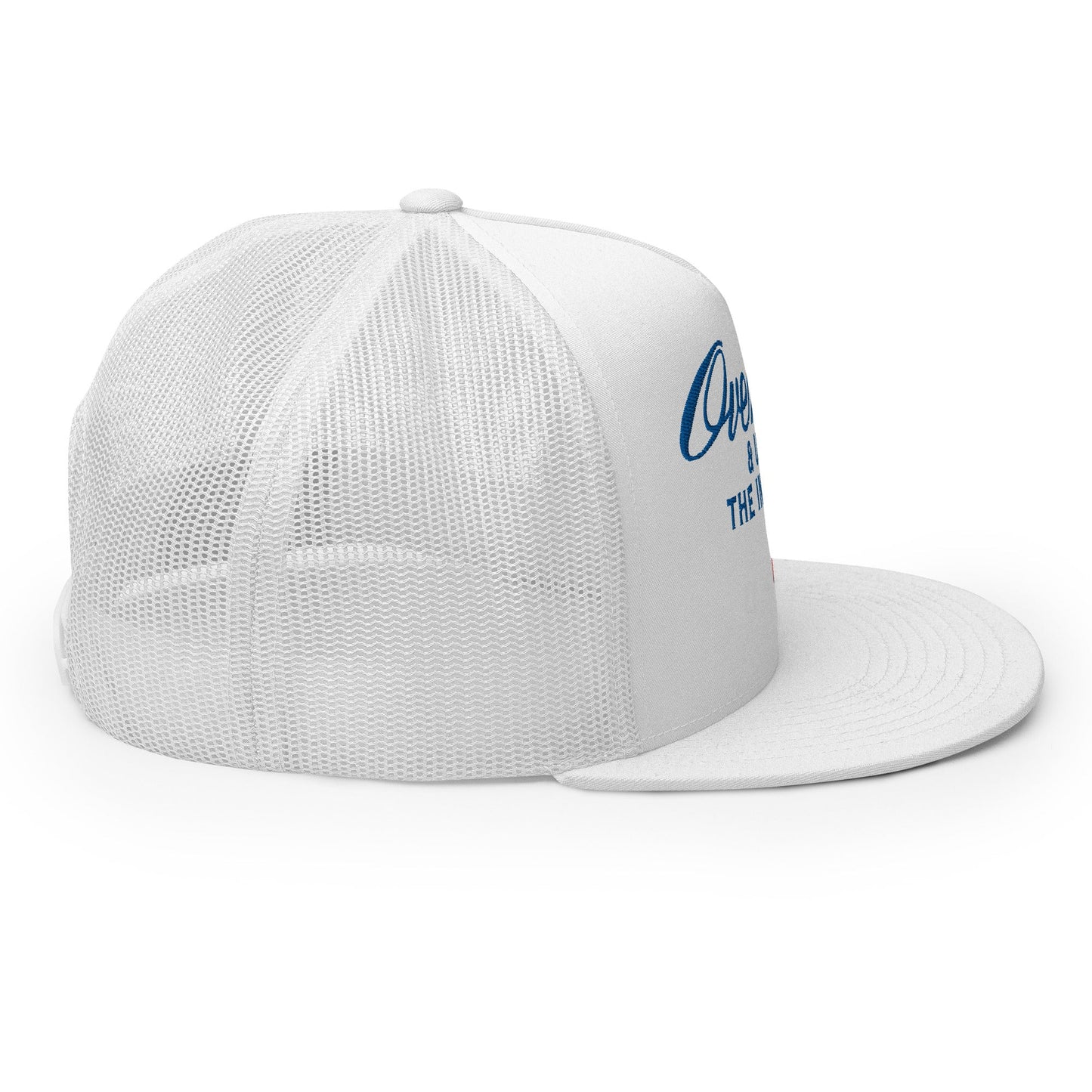 Over Par and Under the Influence Flat Bill Brim Trucker Hat White