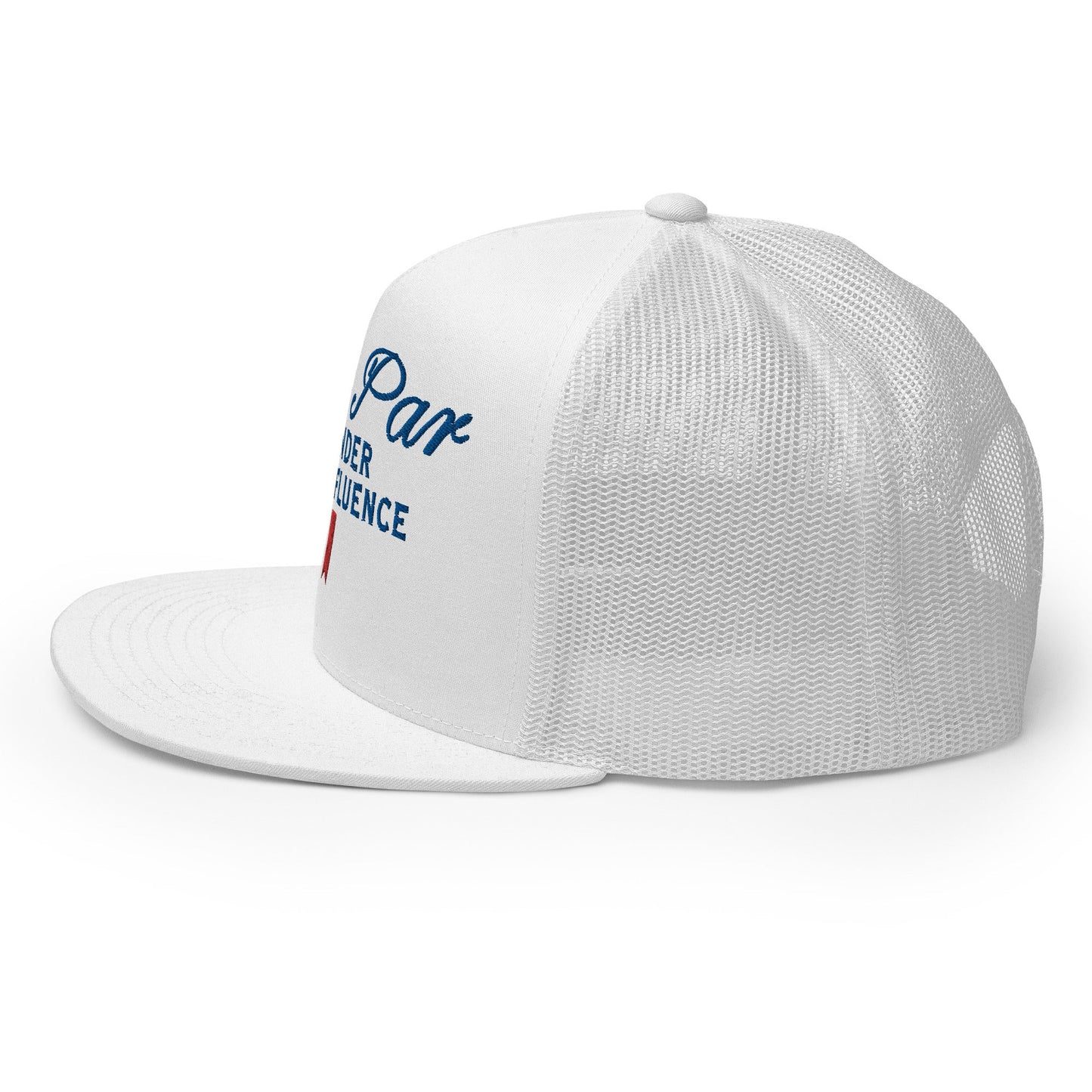 Over Par and Under the Influence Flat Bill Brim Trucker Hat White