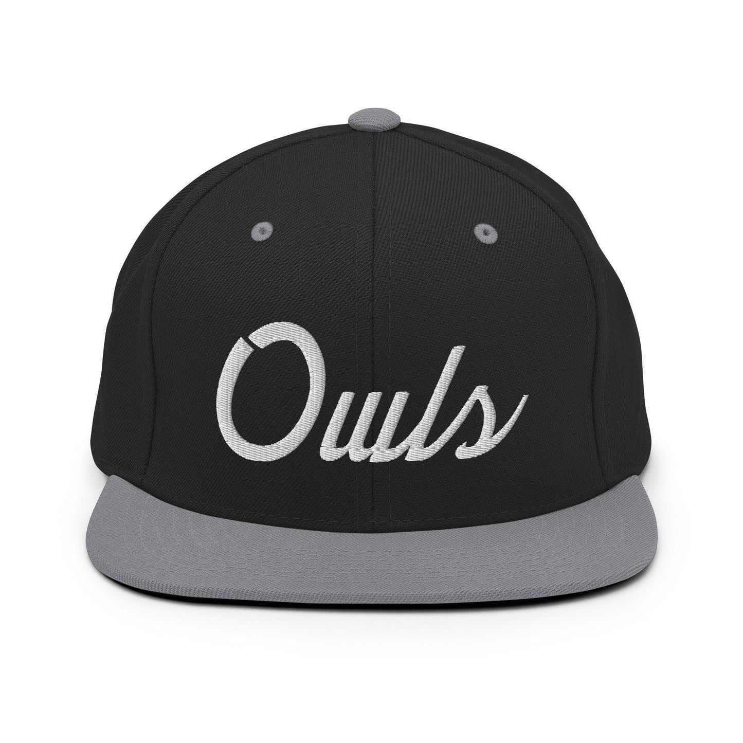 Owls School Mascot Script Snapback Hat Black Silver