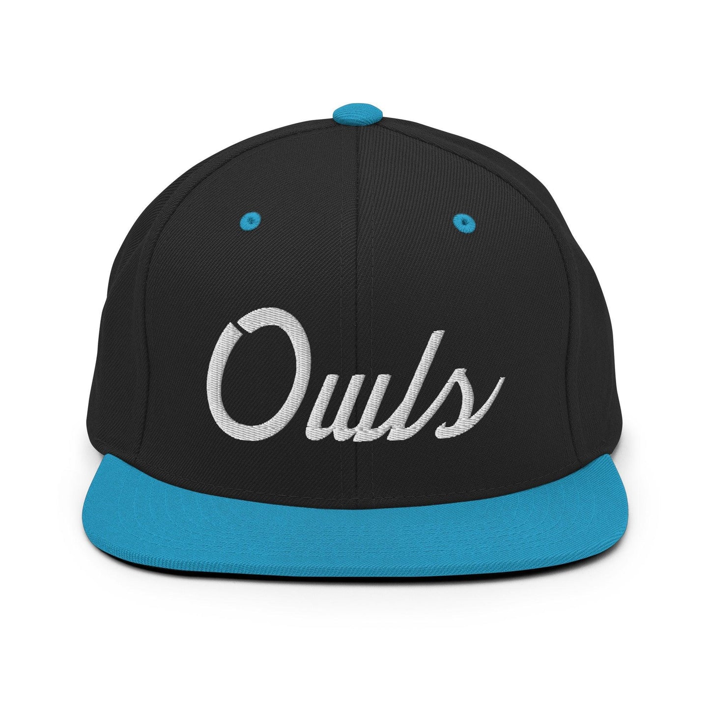 Owls School Mascot Script Snapback Hat Black Teal