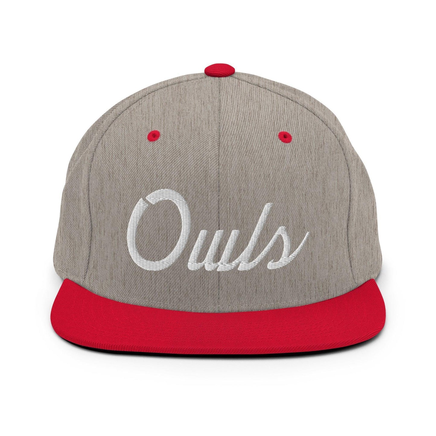 Owls School Mascot Script Snapback Hat Heather Grey Red