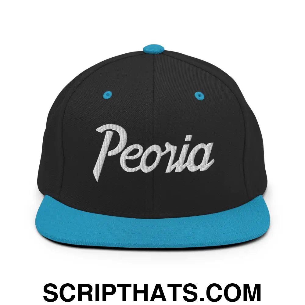 Peoria Script Snapback Hat Black Teal