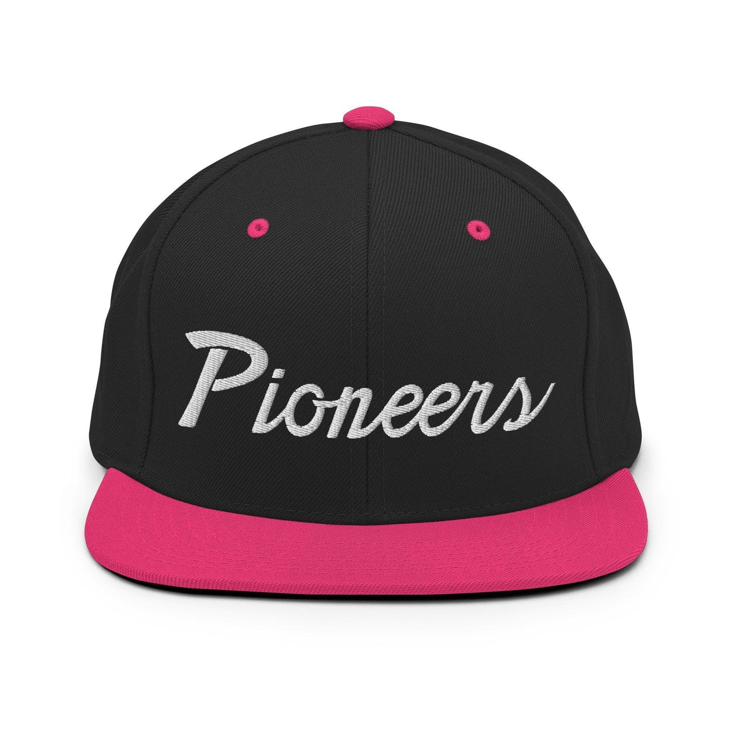 Pioneers School Mascot Script Snapback Hat Black Neon Pink