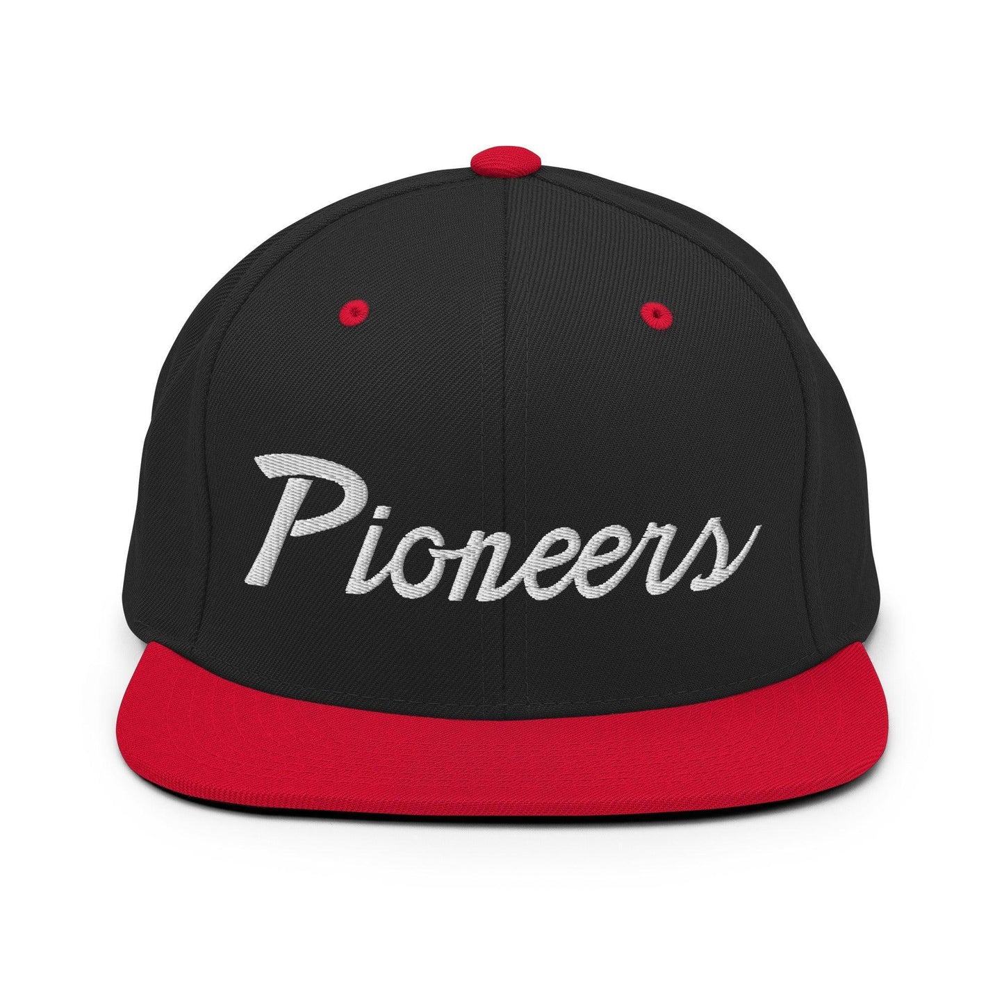 Pioneers School Mascot Script Snapback Hat Black Red