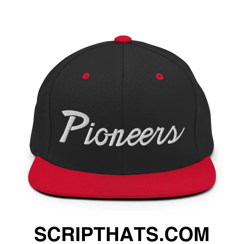 Pioneers School Mascot Script Snapback Hat Black Red