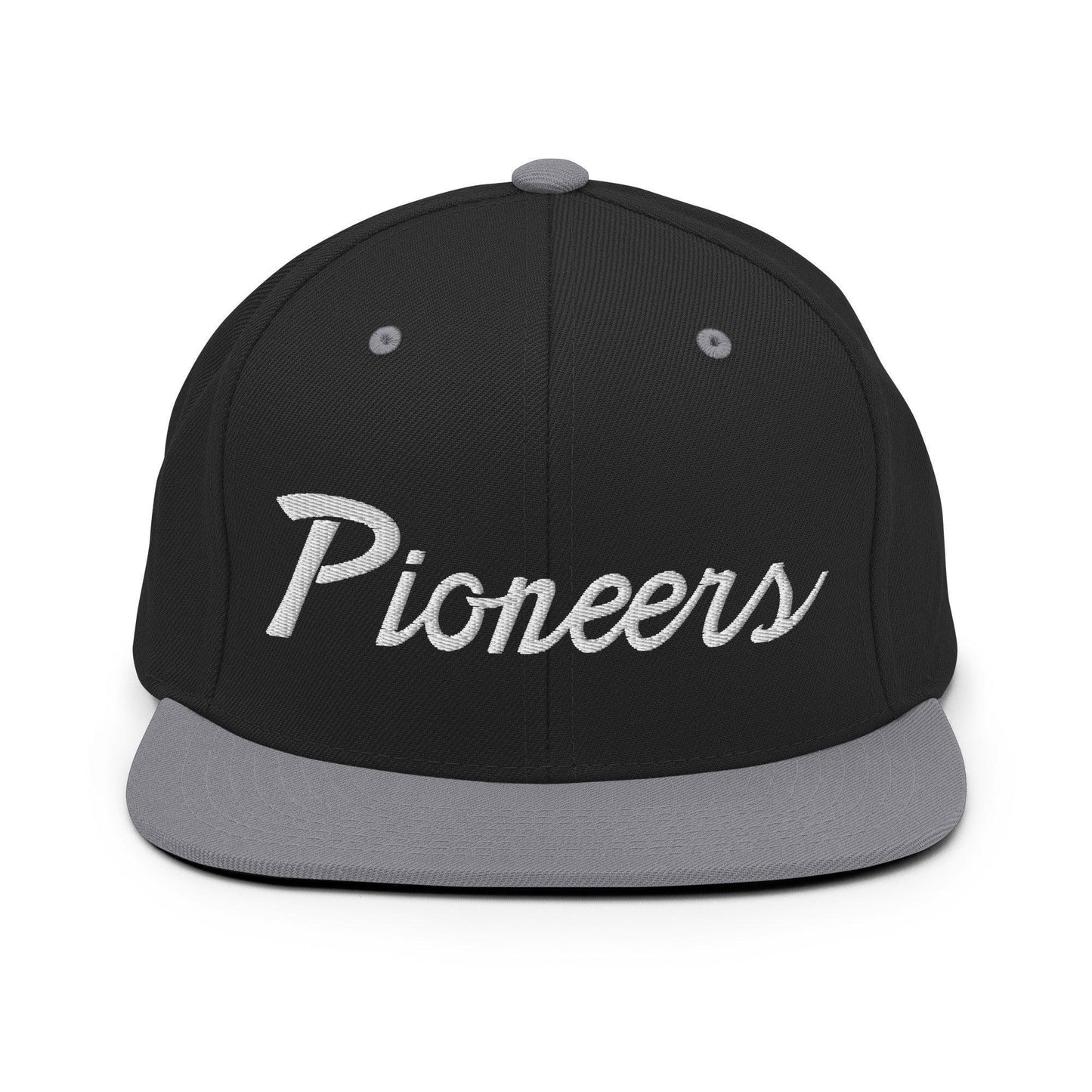 Pioneers School Mascot Script Snapback Hat Black Silver