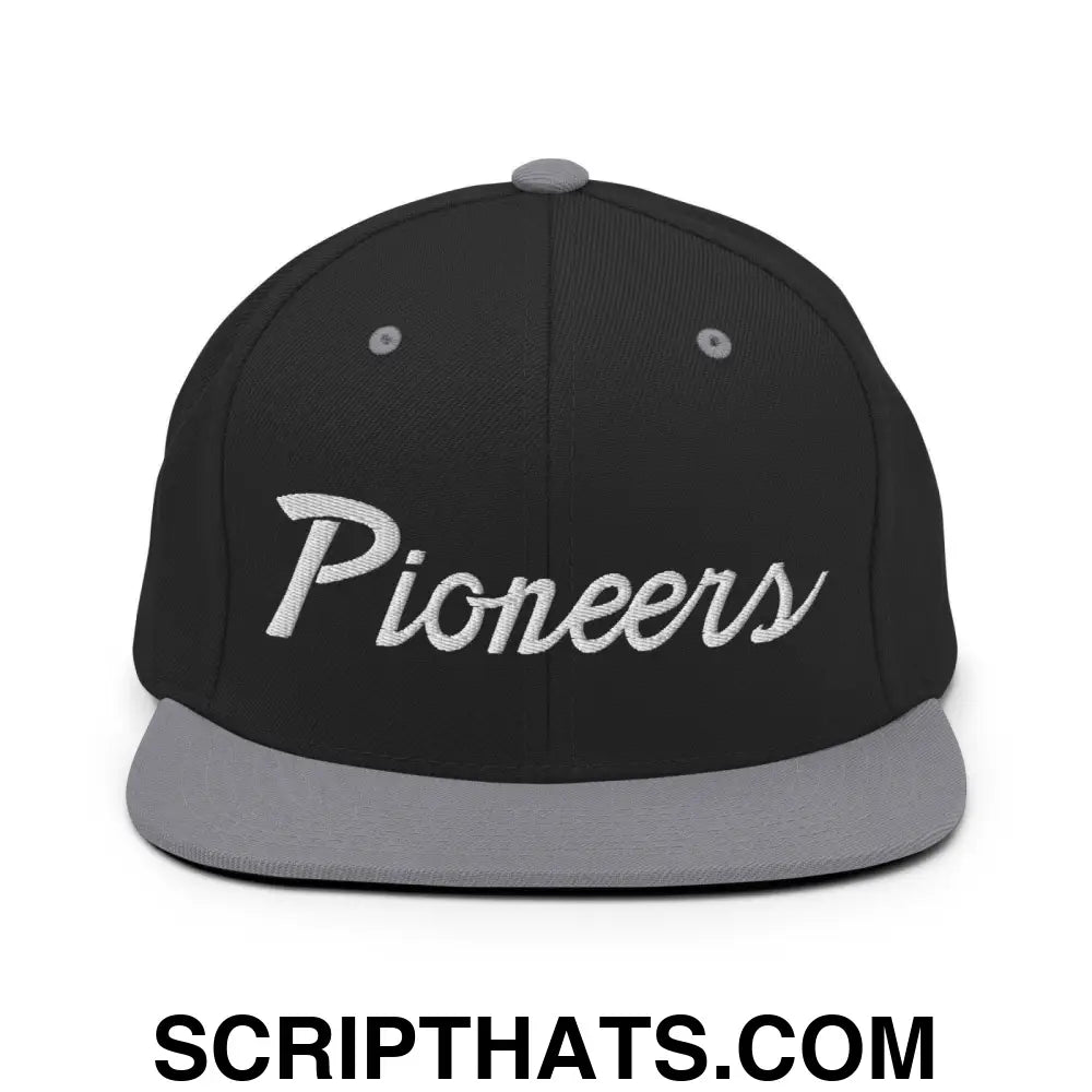 Pioneers School Mascot Script Snapback Hat Black Silver