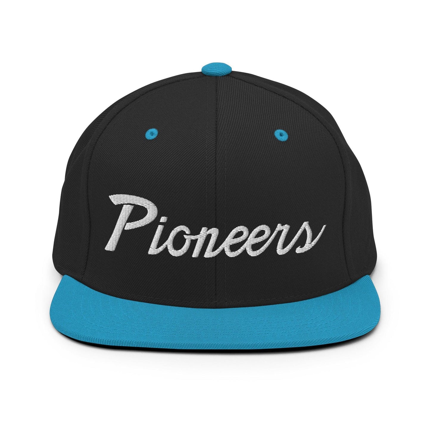 Pioneers School Mascot Script Snapback Hat Black Teal