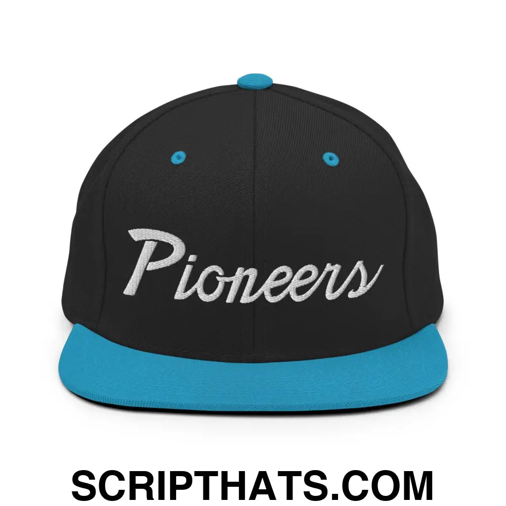 Pioneers School Mascot Script Snapback Hat Black Teal