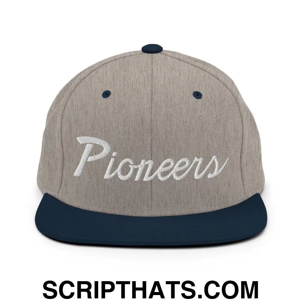 Pioneers School Mascot Script Snapback Hat Heather Grey Navy