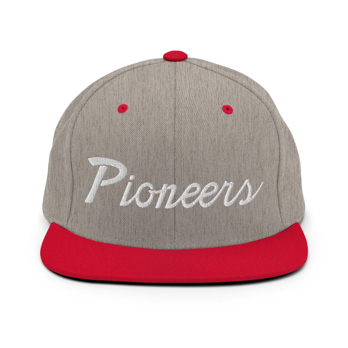 Pioneers School Mascot Script Snapback Hat Heather Grey Red