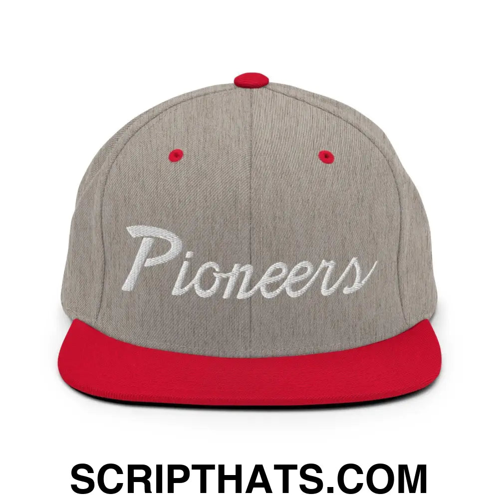 Pioneers School Mascot Script Snapback Hat Heather Grey Red