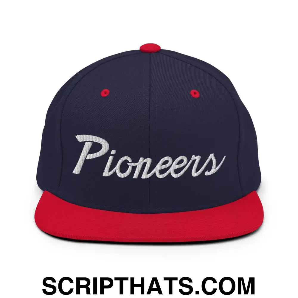 Pioneers School Mascot Script Snapback Hat Navy Red