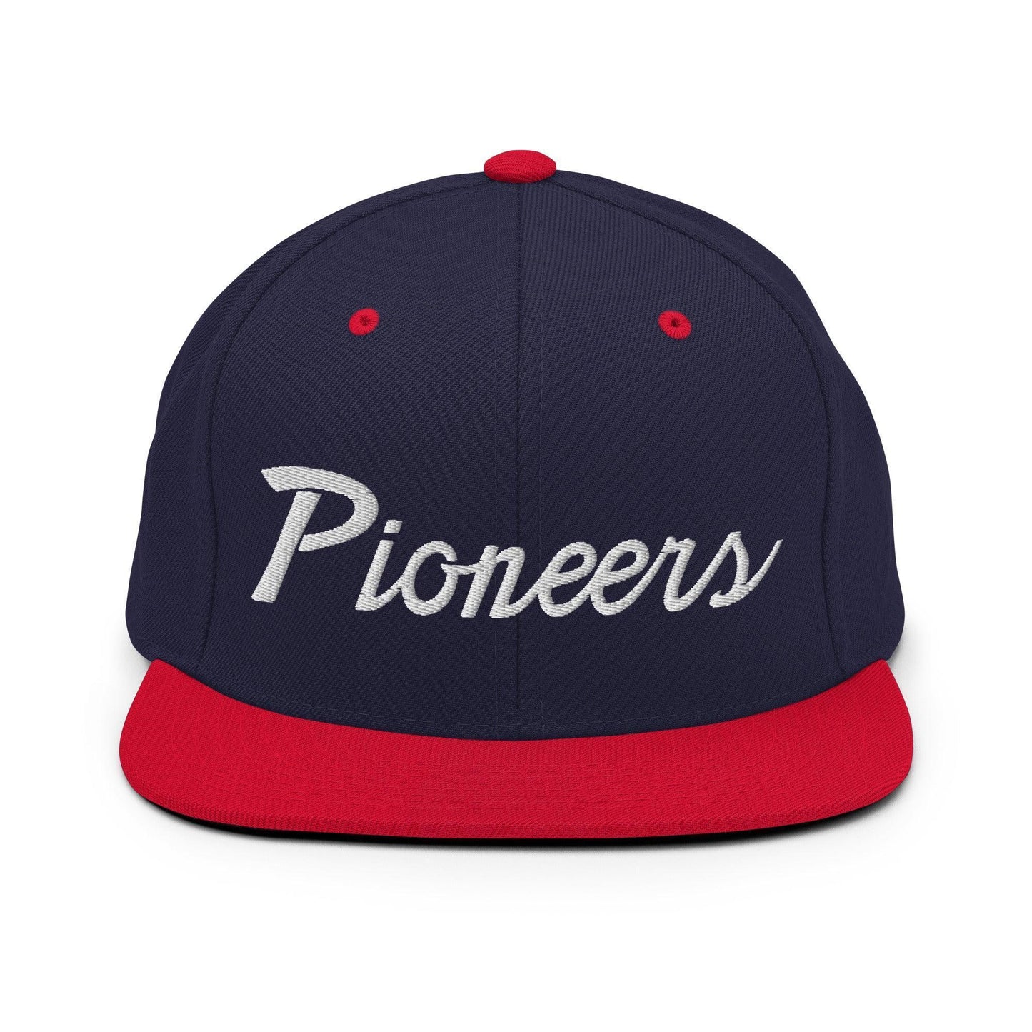 Pioneers School Mascot Script Snapback Hat Navy Red