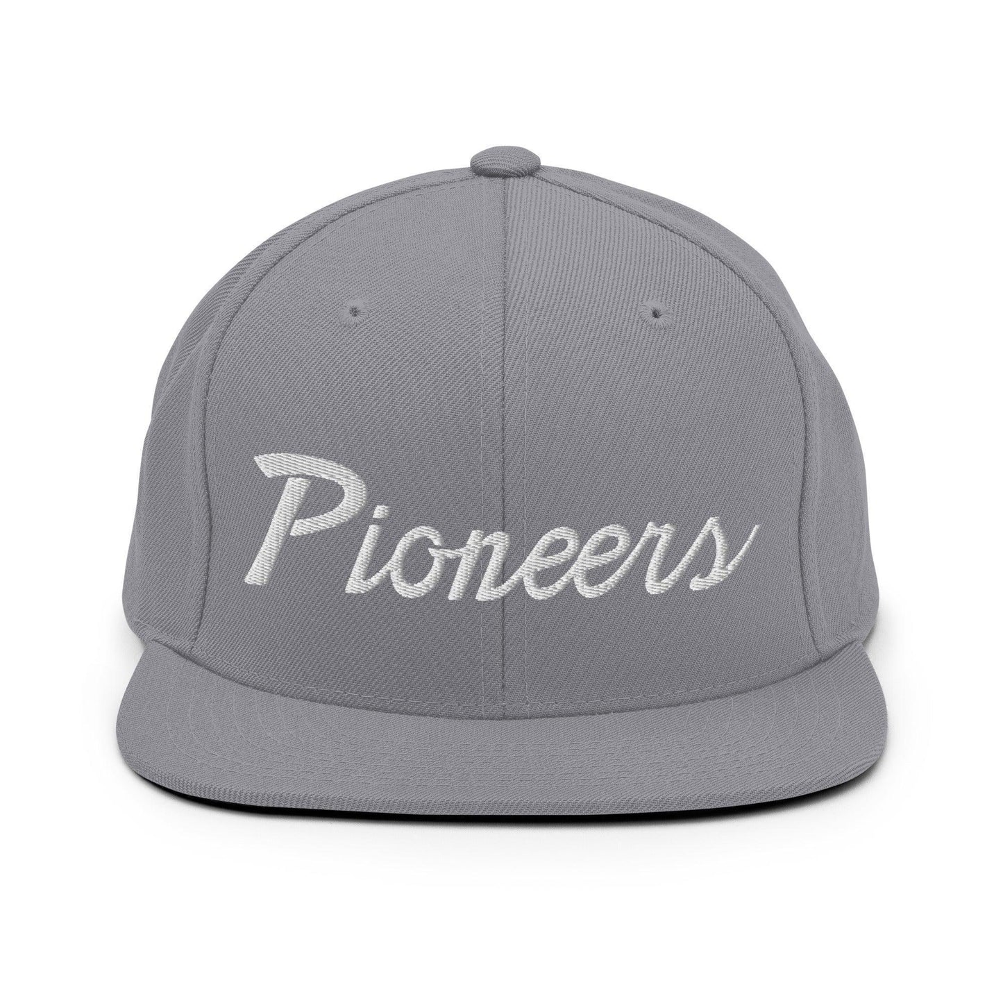 Pioneers School Mascot Script Snapback Hat Silver