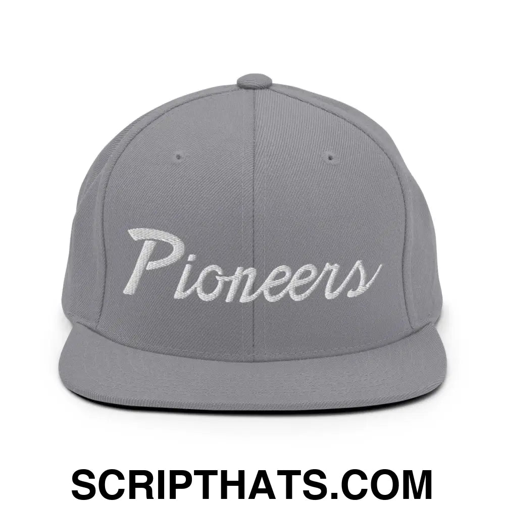 Pioneers School Mascot Script Snapback Hat Silver