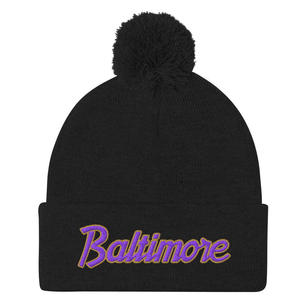 Baltimore Football Vintage Sports Script Knit Pom Pom Beanie Default Title