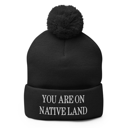 You Are On Native Land Embroidered Knit Pom Pom Beanie Black