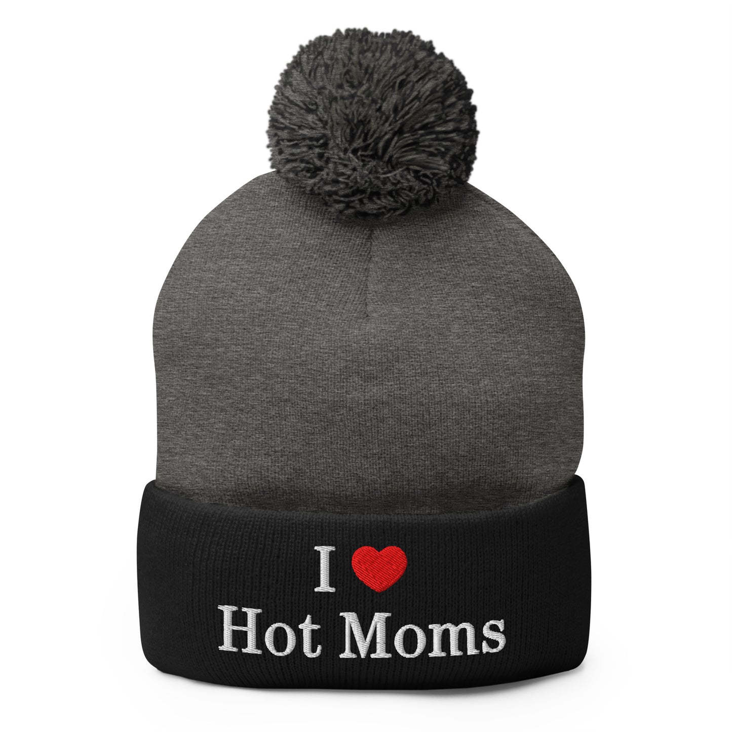 I Love Hot Moms Embroidered Knit Pom Pom Beanie Dark Heather Grey Black