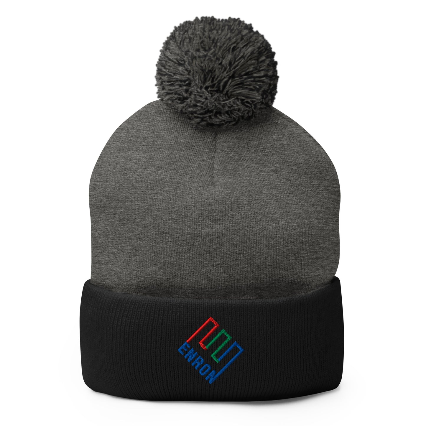 Enron Embroidered Knit Pom Pom Beanie Dark Heather Grey Black