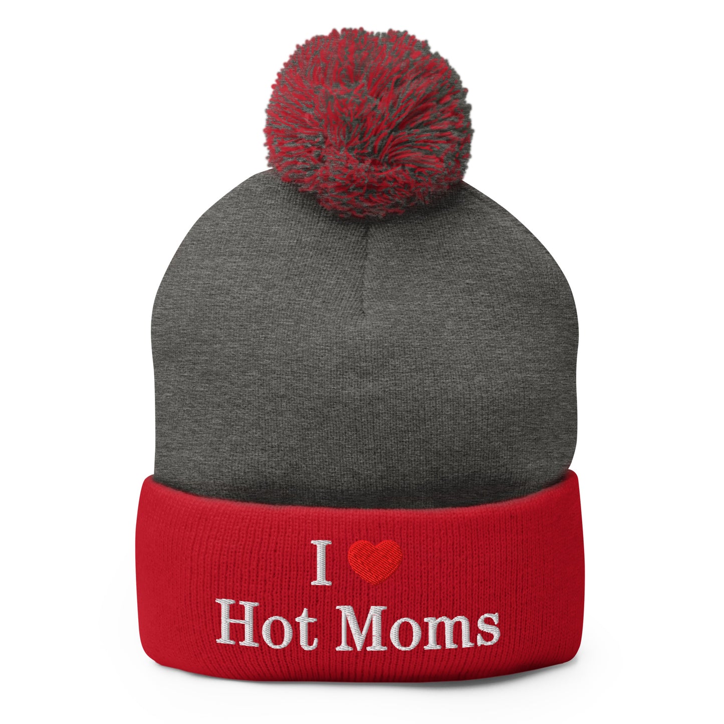 I Love Hot Moms Embroidered Knit Pom Pom Beanie Dark Heather Grey Red