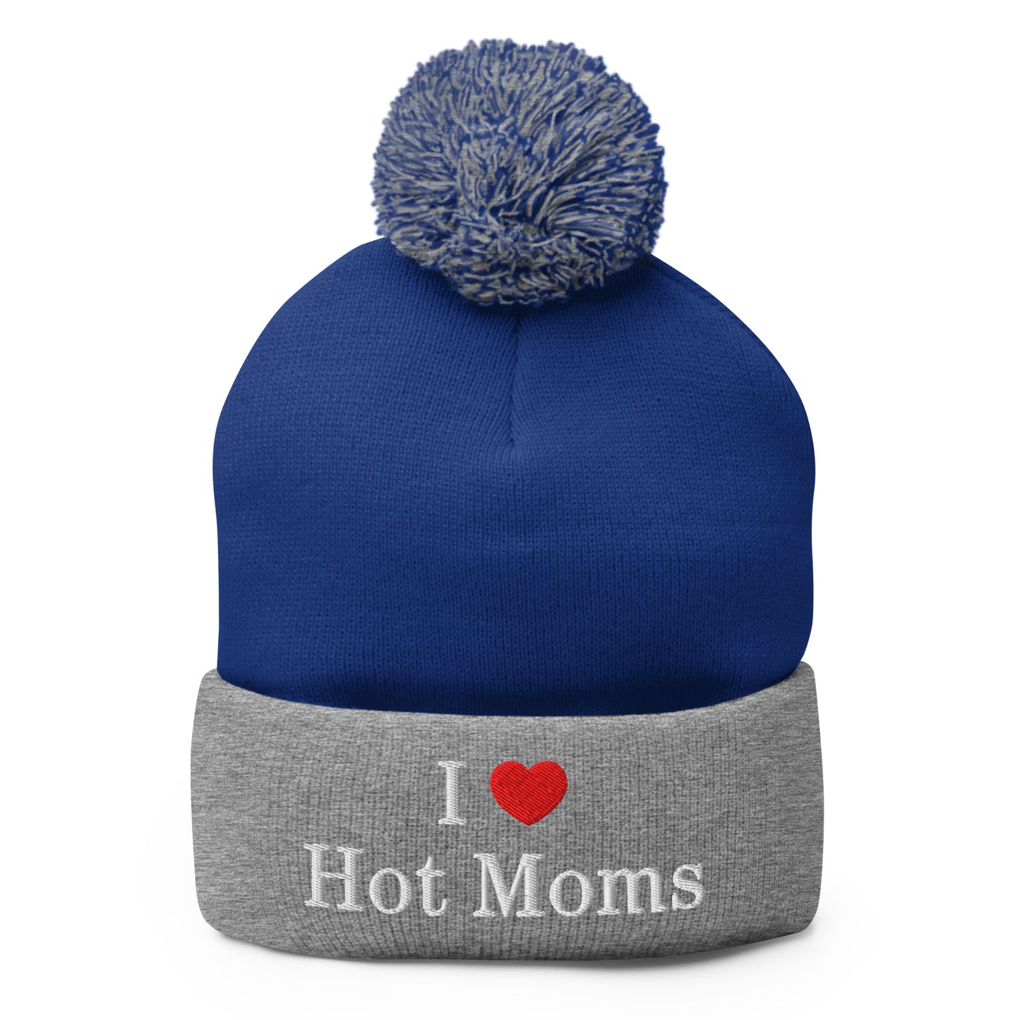 I Love Hot Moms Embroidered Knit Pom Pom Beanie Royal Heather Grey