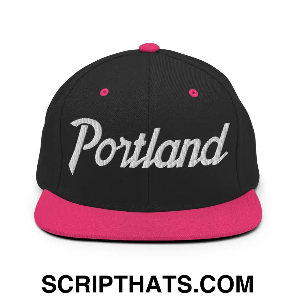 Portland Script Snapback Hat Black Neon Pink