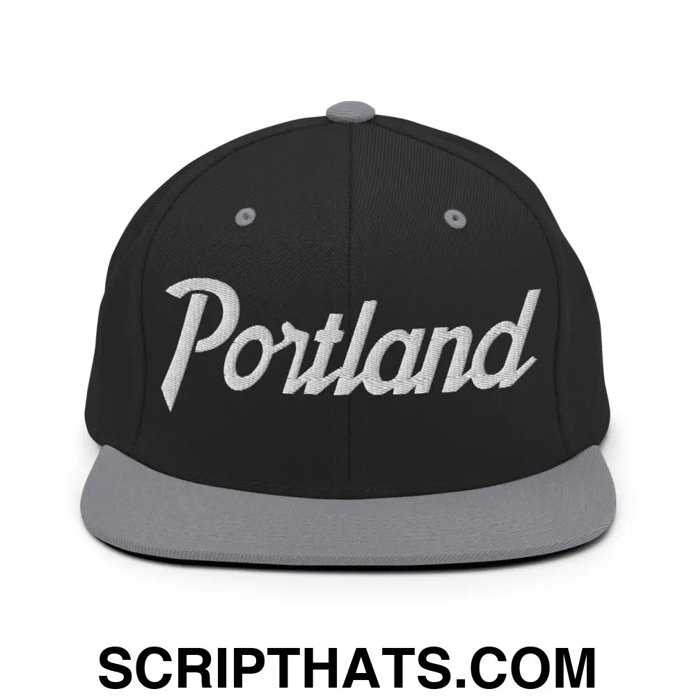 Portland Script Snapback Hat Black Silver