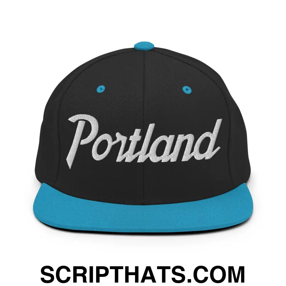 Portland Script Snapback Hat Black Teal