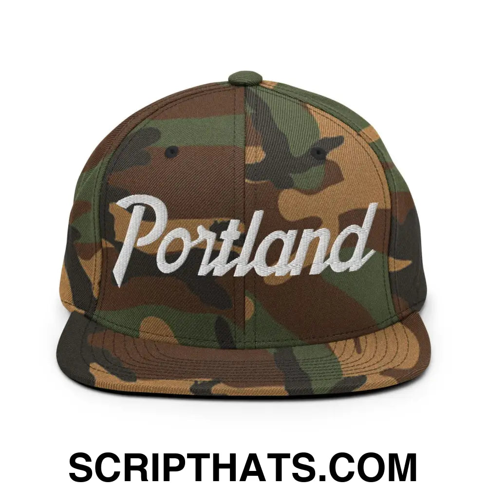 Portland Script Snapback Hat Green Camo