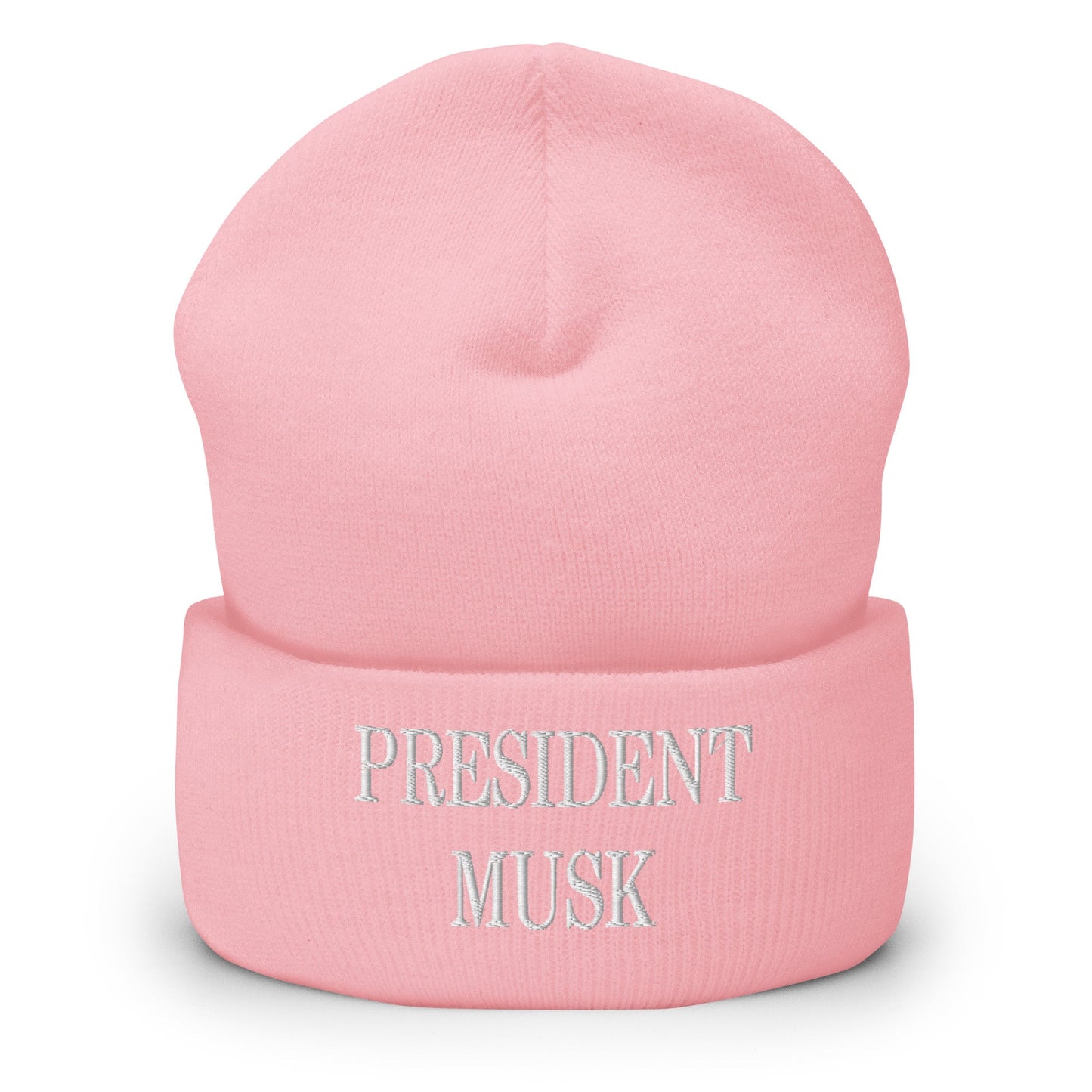 President Musk Embroidered Knit Cuffed Beanie Baby Pink