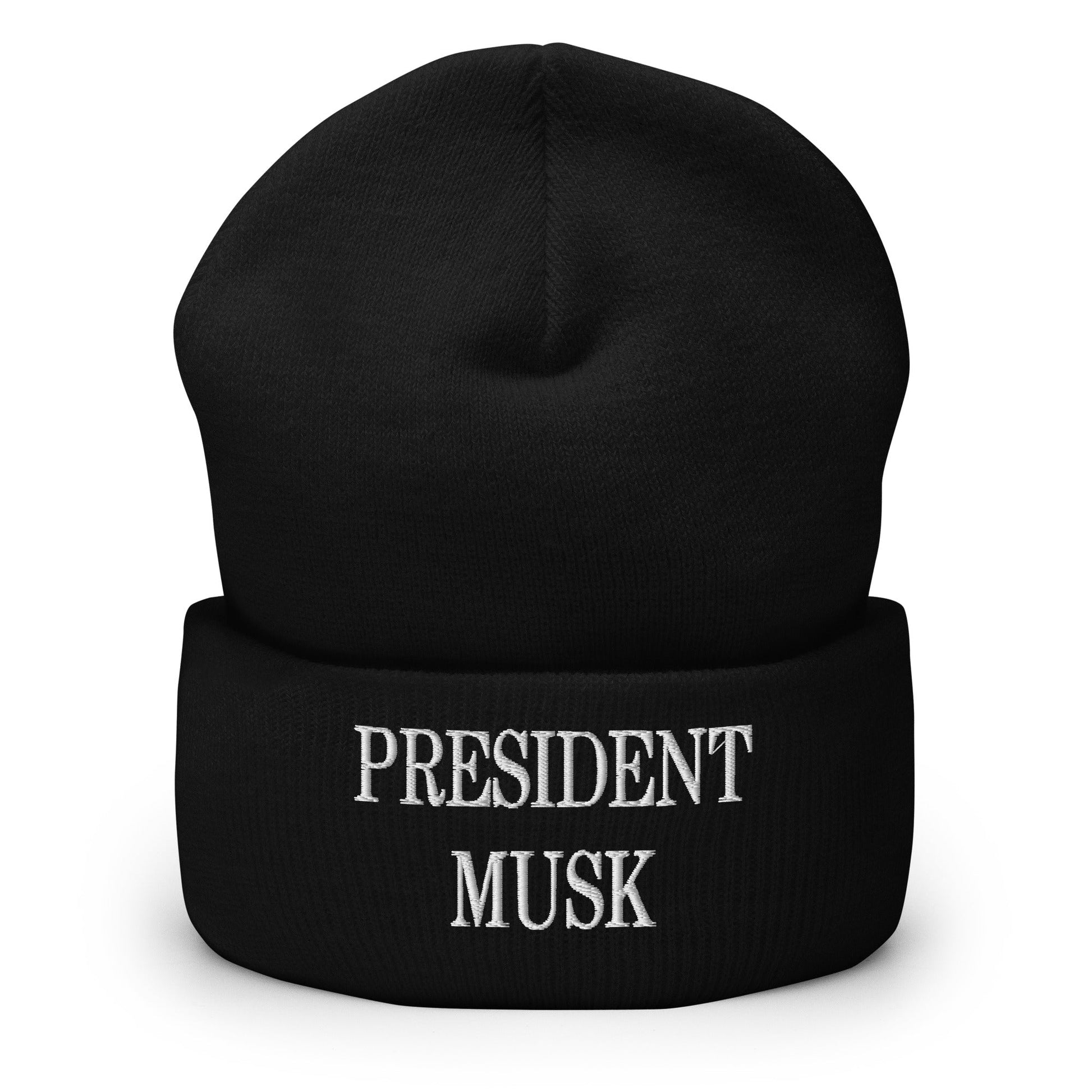 President Musk Embroidered Knit Cuffed Beanie Black